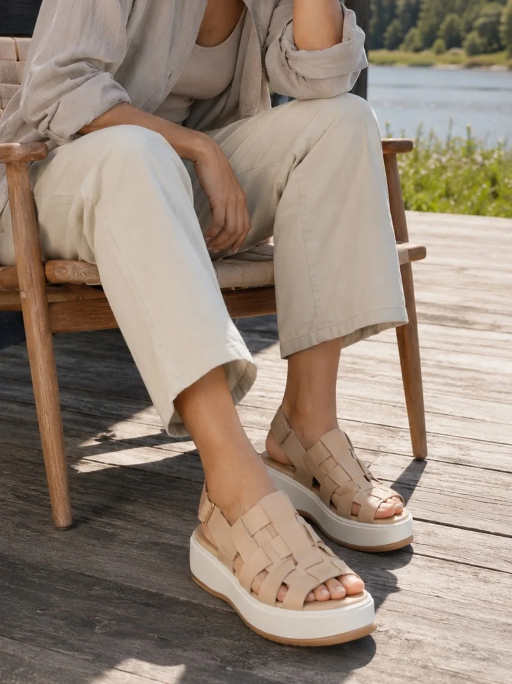 SOREL ONA Streetworks Go-To Beige Leather Platform Sandals Size 8.5
